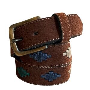 Argentinean Brown Suede Leather Polo Belt with Multicolor Embroidered Accent Med